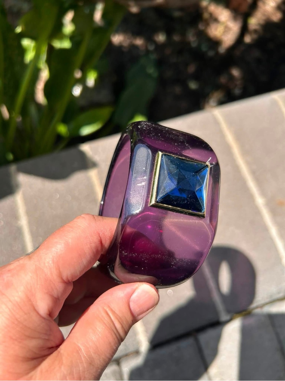 Vintage Lucite Purple Bangle Bracelet with Blue Gem Accent